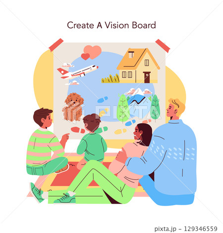 Vector illustration of a family gathered around creating a vision board. They use colorful images and symbols to express goals and dreams, fostering creativity and togetherness. Vector illustration of a family gathered around creating a vision board. They use colorful images and symbols to express goals and dreams, fostering creativity and togetherness. 129346559
