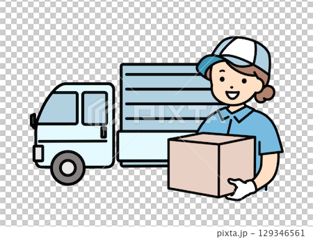 Truck and female worker, delivery staff, moving, upper body 129346561