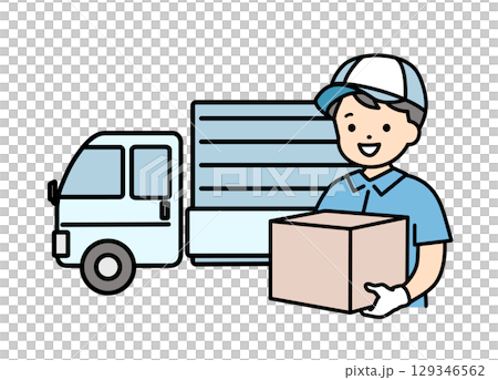 Truck and worker male delivery staff moving upper body 129346562