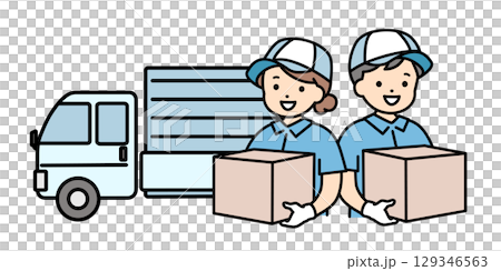 Truck and worker male and female delivery staff moving upper body 129346563