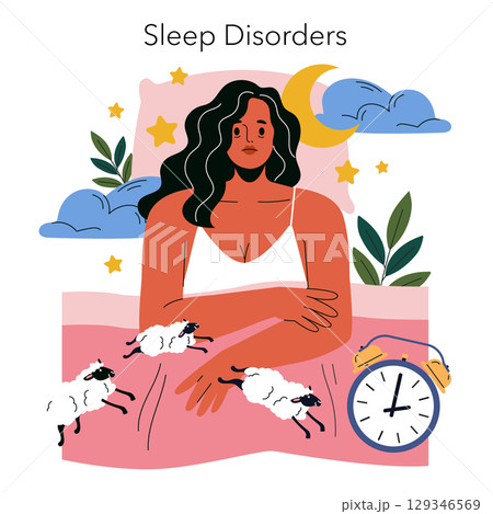 Vector illustration of a woman experiencing sleep disorders. She lies awake, counting sheep, with an alarm clock nearby. The scene includes clouds, stars, and a crescent moon. Vector illustration of a woman experiencing sleep disorders. She lies awake, counting sheep, with an alarm clock nearby. The scene includes clouds, stars, and a crescent moon. 129346569