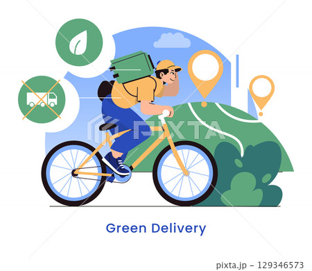 Future Of Delivery concept. Eco-friendly courier riding a bicycle for sustainable shipping reduced emissions and efficient urban logistics. Promotes green solutions for city transportation. Vector Future Of Delivery concept. Eco-friendly courier riding a bicycle for sustainable shipping reduced emissions and efficient urban logistics. Promotes green solutions for city transportation. Vector 129346573