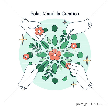 Multiple hands assembling a solar mandala with flowers and leaves in a circular pattern, symbolizing collaboration and creativity. Minimalist vector illustration with vibrant colors. Multiple hands assembling a solar mandala with flowers and leaves in a circular pattern, symbolizing collaboration and creativity. Minimalist vector illustration with vibrant colors. 129346580