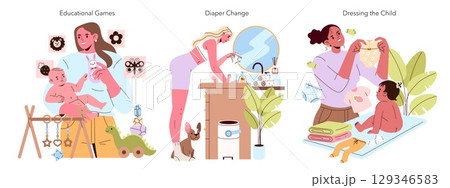 Vector illustration set depicting three parenting activities: playing educational games, changing diapers, and dressing a child. Each scene highlights interactions between adults and children. 129346583