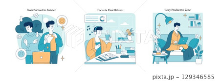 Vector illustration depicting the transition from burnout to balance. The transformation includes burnout, focus, and creating a cozy productive zone. Ideal for concepts of work-life balance. Vector illustration depicting the transition from burnout to balance. The transformation includes burnout, focus, and creating a cozy productive zone. Ideal for concepts of work-life balance. 129346585