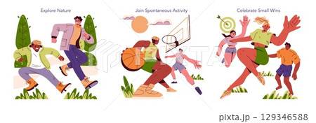 Vector illustration of people engaging in various outdoor activities like running, playing basketball, and celebrating achievements. Emphasizes joy and the benefits of an active lifestyle. Vector illustration of people engaging in various outdoor activities like running, playing basketball, and celebrating achievements. Emphasizes joy and the benefits of an active lifestyle. 129346588