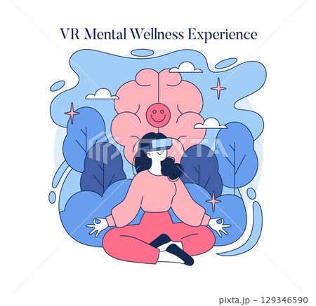 A person uses a virtual reality headset while meditating, with a visual representation of a happy brain in the background. Vector illustration highlighting relaxation and technology. 129346590