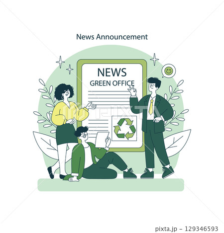 Vector illustration showing three people announcing a green office initiative. They stand with positive expressions beside a recycling-themed news poster, promoting eco-friendly practices. Vector illustration showing three people announcing a green office initiative. They stand with positive expressions beside a recycling-themed news poster, promoting eco-friendly practices. 129346593