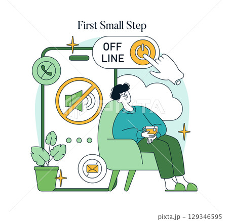 Vector illustration of a person taking a break by going offline. Depicts a peaceful expression while holding a cup, emphasizes the importance of disconnecting from digital devices. Vector illustration of a person taking a break by going offline. Depicts a peaceful expression while holding a cup, emphasizes the importance of disconnecting from digital devices. 129346595