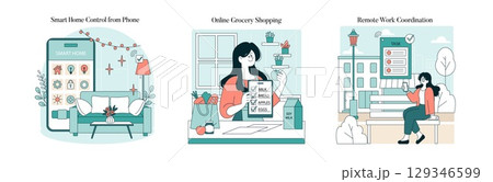 Vector illustration depicting smart home control via phone, online grocery shopping with a checklist, and remote work coordination. Emphasizes modern digital living concepts. 129346599