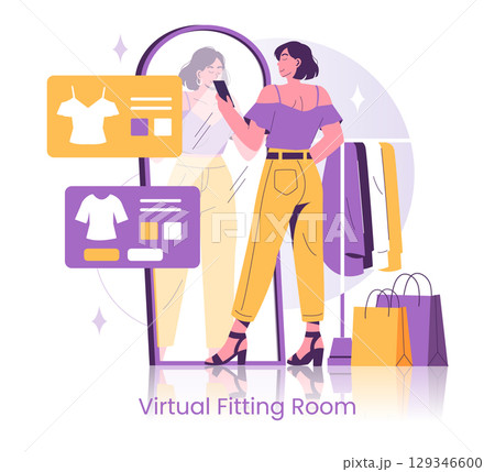 Vector illustration of a woman using a virtual fitting room, interacting with a smart mirror displaying clothing options on her smartphone. Shopping bags are visible nearby. 129346600