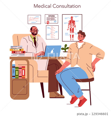 Doctor communicates with patient during medical consultation. Patient listens attentively in a warm, professional office setting. Books and anatomical charts in the background enhance the clinical 129346601
