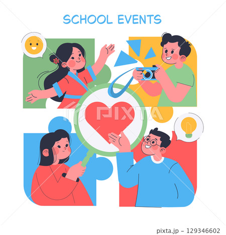 Colorful vector illustration depicting school events with children expressing creativity and enthusiasm. Includes joyful actions like photo taking, showing love, and sharing ideas. 129346602