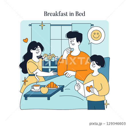 Vector illustration of a happy family sharing breakfast in bed. Includes flowers, gifts, and warm expressions portraying love and care. Simplistic and colorful depiction. Vector illustration of a happy family sharing breakfast in bed. Includes flowers, gifts, and warm expressions portraying love and care. Simplistic and colorful depiction. 129346603