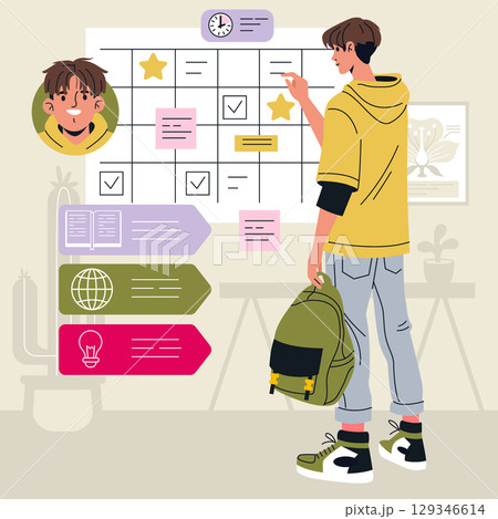 Student analyzing a weekly planner on the wall while holding a backpack. The organized schedule features icons and notes. Vector illustration with educational elements. 129346614