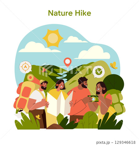 Friends on a nature hike, discussing their route with a map. The scene shows vibrant landscapes and happy expressions, highlighting the joy of outdoor exploration in a vector illustration. Friends on a nature hike, discussing their route with a map. The scene shows vibrant landscapes and happy expressions, highlighting the joy of outdoor exploration in a vector illustration. 129346618