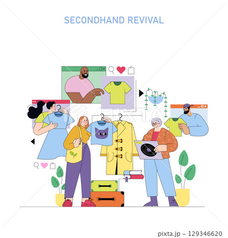 Vector illustration depicting people shopping for secondhand clothes both online and offline. Individuals hold various garments, exploring fashion options and sharing items. 129346620