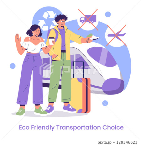 Vector illustration of two people choosing eco-friendly transportation. They are in front of a train, holding a credit card and ticket, promoting green travel alternatives. 129346623