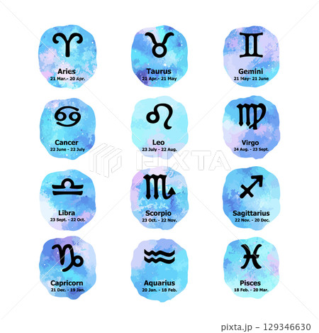 Zodiac icons on watercolor background. Free Hand drawing. Vector 129346630
