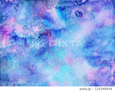 Abstract watercolor galaxy background in dreamy purple and blue tones. Starry sky with cosmic texture, perfect for design, print 129346644