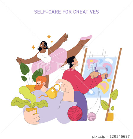 Vector illustration of individuals engaging in creative self-care activities, including painting, dancing ballet, and taking care of plants, highlighting relaxation and expression. 129346657