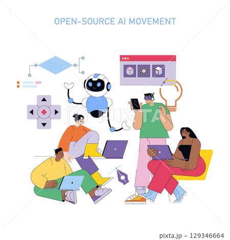 Vector illustration of a diverse team collaborating with a friendly AI robot on open-source development. Members engage with technology, showcasing cooperation and creativity. 129346664