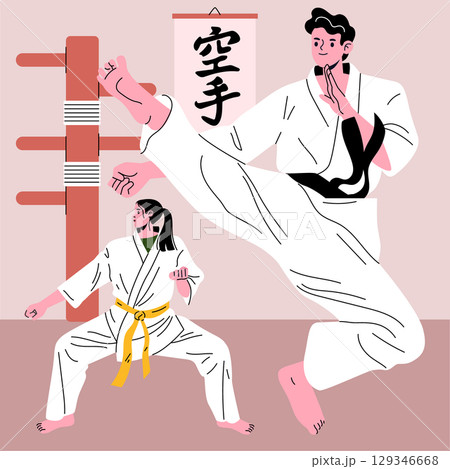 Vector illustration of two martial artists practicing karate techniques. One performs a high kick while the other maintains a ready stance. Emphasizes skill and coordination in martial arts. Vector illustration of two martial artists practicing karate techniques. One performs a high kick while the other maintains a ready stance. Emphasizes skill and coordination in martial arts. 129346668