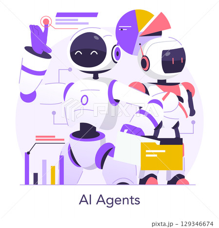 Futuristic AI robots analyzing data with vibrant charts and graphs in a vector illustration. The scene captures advanced technology and innovation in artificial intelligence applications. 129346674