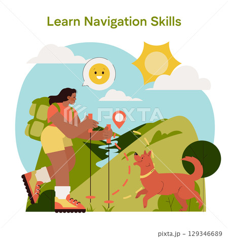 Vector illustration of a woman hiking with a dog, learning navigation skills in a mountainous landscape, expressing happiness and exploration. The scene captures outdoor adventure. 129346689