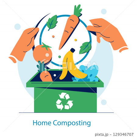 Vector illustration depicting the action of home composting, with hands placing fresh produce like carrots and bananas into a recycling bin for organic waste management. 129346707