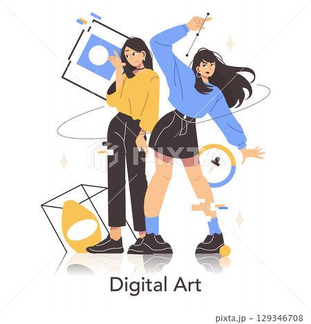 Two animated women express friendship and energy through dynamic poses and abstract elements in this digital art vector illustration, capturing modern style and creativity. Two animated women express friendship and energy through dynamic poses and abstract elements in this digital art vector illustration, capturing modern style and creativity. 129346708