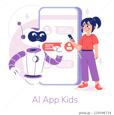 Vector illustration of a child interacting with an AI robot through a learning app on a phone. The scene depicts technology education and youth engagement with artificial intelligence. 129346714