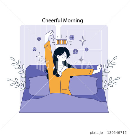 Cheerful morning scene of a woman stretching in bed, embracing a new day with positive energy. The illustration captures a bright atmosphere with light elements that suggest renewal and motivation. 129346715