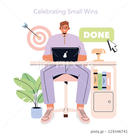 Workplace achievement concept. A casual man at his desk marks a completed task, embodying productivity and job satisfaction. Vector illustration. Workplace achievement concept. A casual man at his desk marks a completed task, embodying productivity and job satisfaction. Vector illustration. 129346741