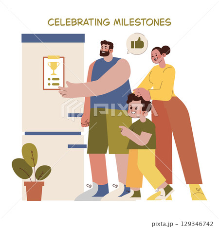 Vector illustration of a family happily celebrating a significant milestone, gathered around a refrigerator displaying a trophy plaque. Smiling and cheerful, they exude pride and joy. 129346742