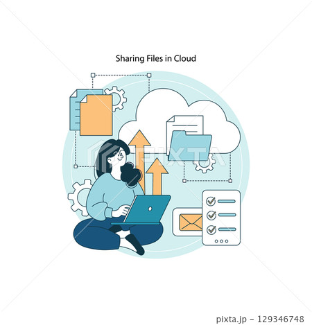 Vector illustration of a person using a laptop to share files in the cloud. Features upward arrows, cloud icons, and various documents in a digital network scene. 129346748