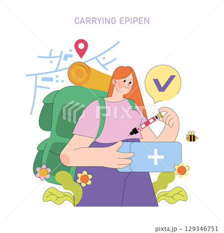 Vector illustration of a woman with a backpack holding an EpiPen during outdoor exploration. Emphasizes preparedness for emergencies in nature while surrounded by outdoor elements. 129346751