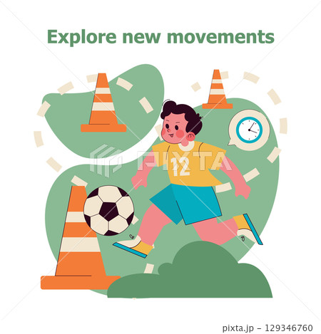Children engage in soccer drills, exploring new movements with obstacles like cones. The scene captures the essence of preschool sports, encouraging physical activity and teamwork. Vector illustration 129346760