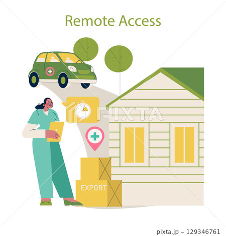Vector illustration depicting remote access in medical export services. Includes a medical professional with a tablet, a delivery car, and export packages at a house. 129346761