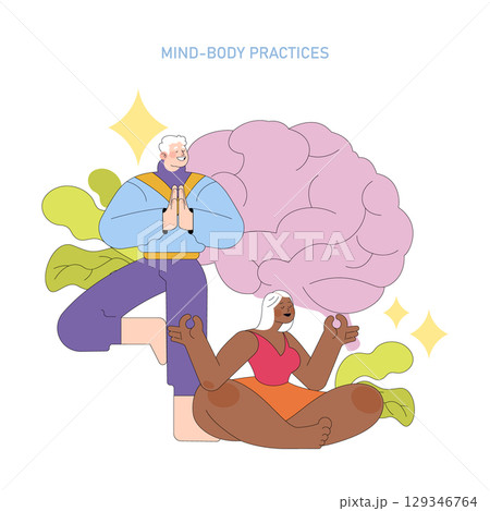 Vector illustration depicting two individuals practicing meditation and yoga. A large brain symbolizes mind-body connection, as the figures display calm and joy during the practice. 129346764