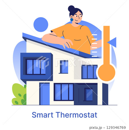 Vector illustration of a woman happily adjusting a smart thermostat in a modern house, showcasing energy-efficient technology and home automation for climate control. 129346769