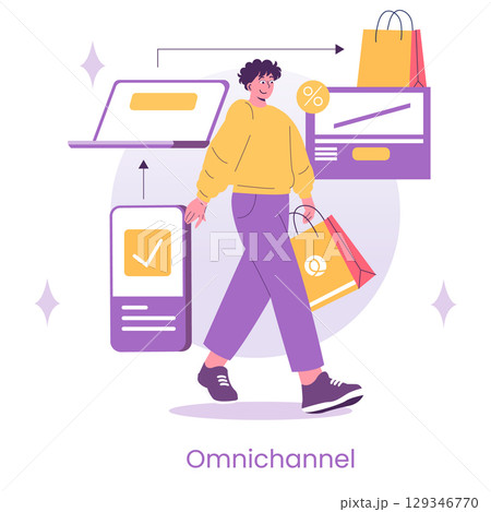 Vector illustration of a cheerful person engaging in omnichannel shopping. Displays online and offline shopping integration with arrows connecting devices, bags, and charts. 129346770