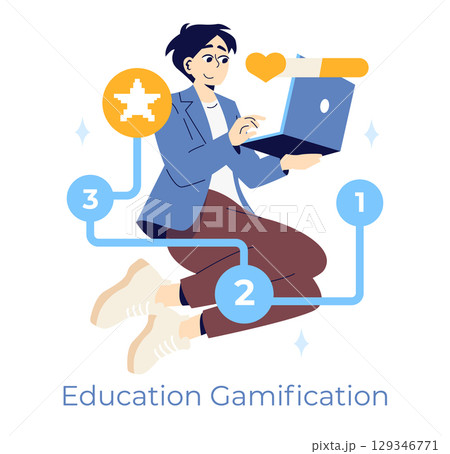 Vector illustration depicting a student using a laptop while interacting with gamified education elements. The image highlights interactive and engaging learning strategies. 129346771