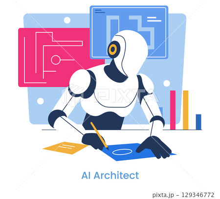 A futuristic robot designing architectural plans using digital tools and graphics. Illustrates the blend of technology and creativity in architecture through AI-driven processes. 129346772