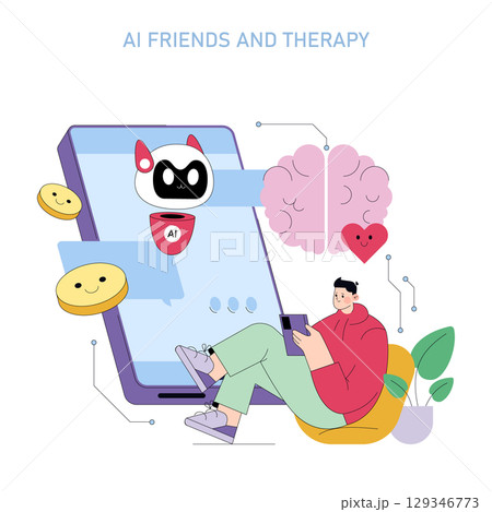 Vector illustration of a person using a smartphone for therapy, interacting with an AI companion. Features emotional support symbols like a brain and heart, highlighting mental health. 129346773