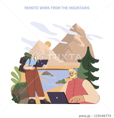Mountain tourism concept. Remote work with digital devices in a scenic mountain landscape. Combining professional tasks and adventure travel near water, trees, and rugged peaks. Vector illustration. 129346774