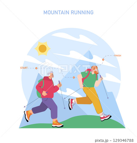 World Running Day. Two people participate in a mountain running event, moving along a marked trail from start to finish against a scenic background with sunshine and blue sky. Vector illustration. World Running Day. Two people participate in a mountain running event, moving along a marked trail from start to finish against a scenic background with sunshine and blue sky. Vector illustration. 129346788