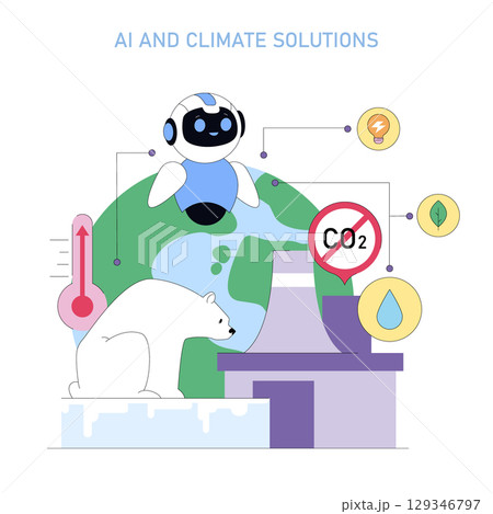 Vector illustration highlighting AI and climate change solutions, featuring a robot, globe, polar bear, and climate-related symbols like CO2 reduction and energy conservation. 129346797
