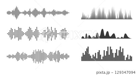 Sound radio wave icon, voice message podcast audio recording. Collection Music waveform pulse, equalizer rhythm symbol. Record level vibration. 129347094