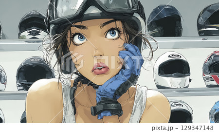 バイク用ヘルメットのフィッティングシーン　真剣な表情の女性ライダー 129347148